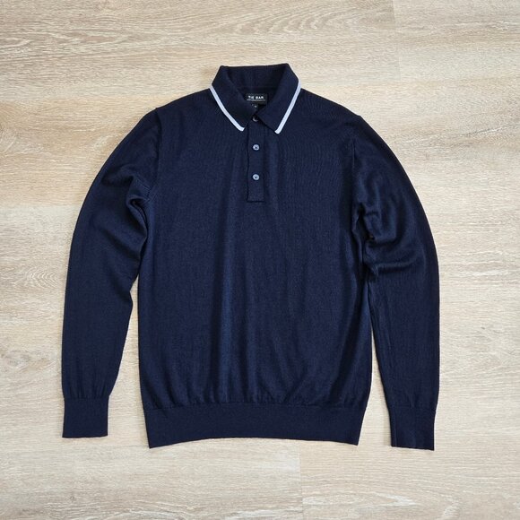 The Tie Bar Navy Tipped Long Sleeve Polo Small 100% Merino Wool Lightweight - Picture 1 of 13